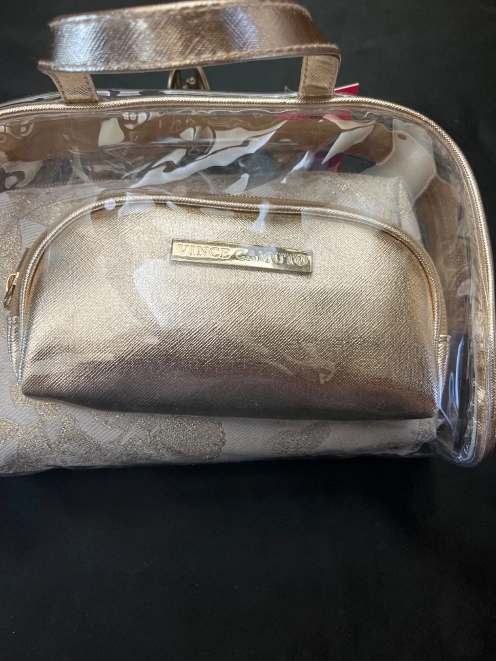 NWT Vince Camuto Clear PVC/Floral/Gold 3 Piece Make /Up bag Set.